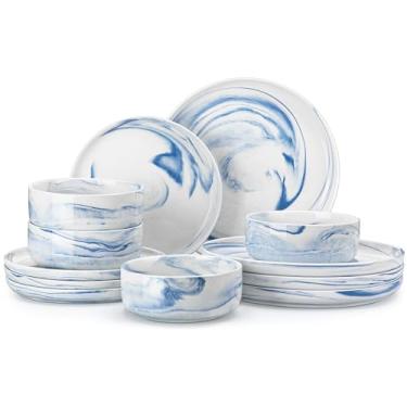 Imagem de MALACASA Conjuntos de pratos e tigelas, 12 peças de louça de porcelana, resistente a lascas, conjunto de pratos de cerâmica resistente a lascas, serviço de jantar para 4, azul mármore, série LUNA