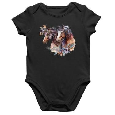 Imagem de Body Bebê Algodão Casal de cavalos e flores - Foca na Moda, Preto, G