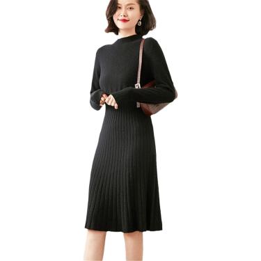 Imagem de Vestido feminino 100% cashmere vestidos de inverno moda o nec vestido feminino, preto, l