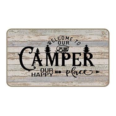 Imagem de Welcome to Our Camper Our Happy Place Decor Capacho para interior e exterior, tapete de porta frontal de campista 43 x 76 cm para entrada de quarto, tapete de porta de campista tapete de boas-vindas para porta da frente, decoração de trailer, tapete de trailer de acampamento