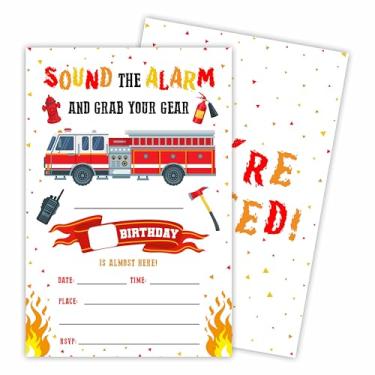 Imagem de Convites de caminhão de bombeiros com envelopes para festa de aniversário infantil - soe o alarme e pegue seu equipamento - 20 peças dupla face preencher convites para meninos meninas lembrancinhas de