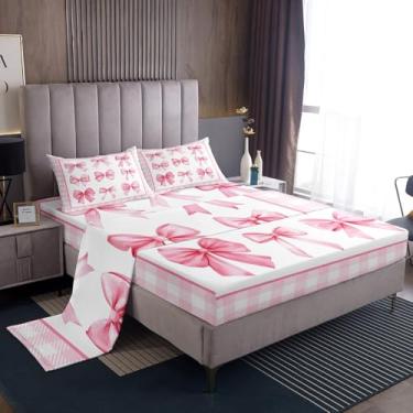 Imagem de Jogo de lençol Queen com laço rosa, xadrez, geométrico, patchwork, decoração de quarto de meninas e mulheres, princesa romântica chique, conjunto de lençol 4 peças (elástico + plano + 2 fronhas)