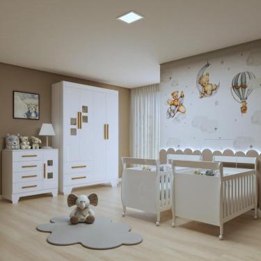 Imagem de Quarto de Bebê Completo Gêmeos com Guarda-roupa, 2 Berços e Cômoda Gael Branco