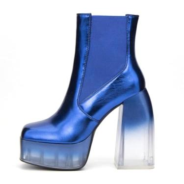 Imagem de UNWRBD Botas femininas de salto transparente de 14 cm de cor gradiente de couro envernizado plataforma à prova d'água com fundo grosso, Azul, US6.5 EU38
