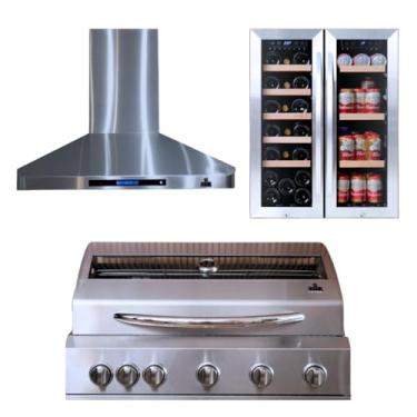 Imagem de Kit Churrasqueira a Gás 100% Inox Com Visor de Vidro Antiembaçante 5 Queimadores + Coifa Inox Touch 220 + Adega e Refrigerador Dual Zone 2 Em 1 Touch Em Inox (Coifa 110 + Adega Inox)