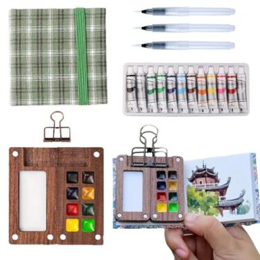 Imagem de Aimery Mini conjunto de paleta de aquarela portátil para viagem, minúscula paleta de pintura de tinta de água kit de arte de viagem com caderno de desenho e caixa de tinta de madeira com 8 grades