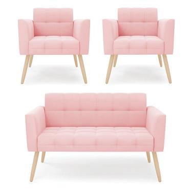 Imagem de Kit 1 Sofá Namoradeira E 2 Poltronas Elisa Suede Pés Palito Natural - D'rossi Cor Rosa Bebê