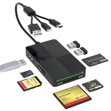 Imagem de Adaptador Memory Stick Duo Pro – Leitor de cartão SD/TF/MS/CF/XD 8 em 1 com 3 portas USB extras suporta cartão de imagem Micro SD/SDHC/XD USB C Lightning OTG adaptador Multi leitor de cartão de