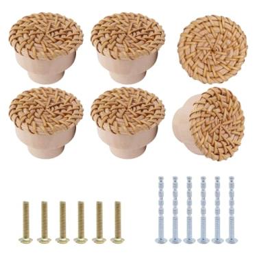 Imagem de YuGtcen 6 maçanetas de armário de madeira, puxadores de cômoda de madeira boho puxador de armário de cozinha puxador de tecido de vime para móveis armário gaveta gaveta porta de armário (natural)