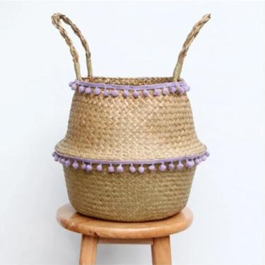 Imagem de PY3H69 Cesta de armazenamento de algas marinhas cesta de lavanderia de renda cesta de flores de vime natural organizador de brinquedos de palha preto e branco (roxo, 32 x 28 cm)