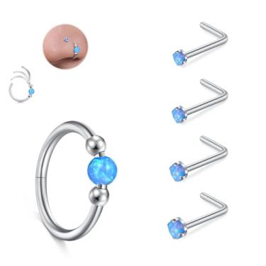 Imagem de JFORYOU Conjunto de anéis de nariz 18G para mulheres, aço inoxidável, hipoalergênico, 1,5 mm, 2,5 mm, 2,5 mm, 3 mm e opala articulada, segmento clicker, argolas de nariz, argolas, cartilagem de hélice