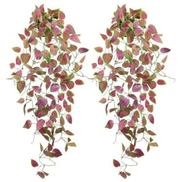 Imagem de LOYWREE 2 vasos pequenos artificiais pendurados em vasos, plantas roxas falsas de videira de hera falsa para prateleira, escritório, ambientes internos e externos, jardim, decoração (vaso preto)