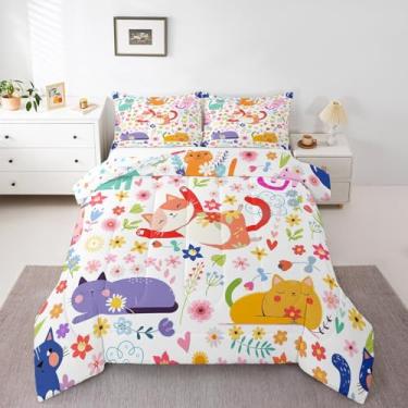 Imagem de Feelyou Conjunto de edredom infantil casal com desenho animado, gatinho fofo, animais florais, decoração de quarto de adolescentes, conjunto de cama de microfibra