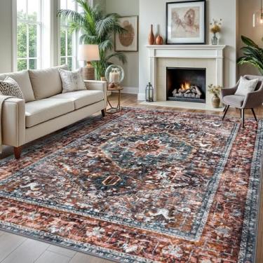 Imagem de KOZYFLY Boho Tapete de área 20 x 25 m para sala de estar, lavável, tapete antiderrapante, estampado, lã sintética, vintage, para quarto, para sala de jantar, sala de estar, vermelho tijolo/laranja