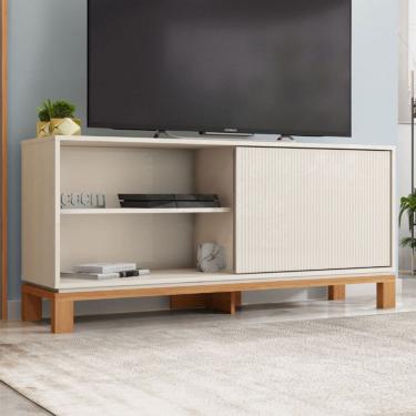 Imagem de Rack para TV Até 55 Polegadas Mondrian 1 Porta 1 Prateleira Ripado 3d Off White/Freijó - Caemmun