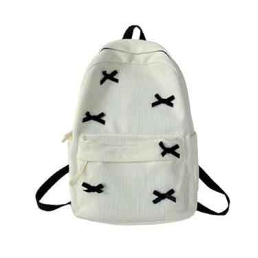 Imagem de KAOBIO Mochila feminina Preppy Y2k Estética de veludo cotelê Kawaii Mochila para laptop Cute Coquette Bow Harajuku College Daypack, Laço branco