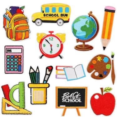 Imagem de 12 peças de adesivos de volta às aulas de ferro fofos materiais escolares bordados apliques coloridos lápis ABC régua de ônibus escolar despertador costurados em remendos de reparo para roupas de