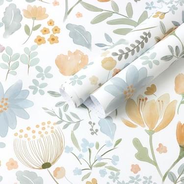 Imagem de Yasinet Papel de parede floral de 43,9 cm x 500,4 cm, papel de parede removível, papel de parede boho moderno com flores amarelas e azuis para quarto, armários de banheiro, vinil autoadesivo