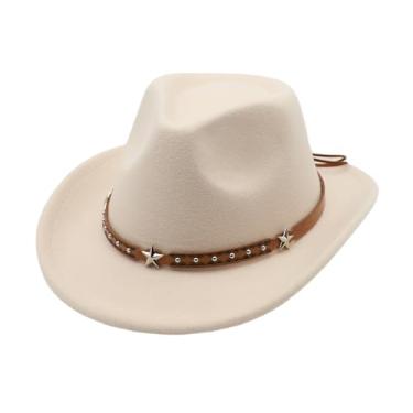 Imagem de Chapéu de cowboy infantil para meninas chapéu de vaqueira ocidental com cinto de fivela rosa chapéu Fedora de aba larga fantasia (EUA, alfa, médio, bege)