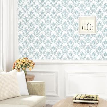 Imagem de Skyblur Papel de parede de papel de parede damasco azul claro e branco para quarto papel de contato damasco para armários e gavetas papel de parede removível amigável para locatários decoração de