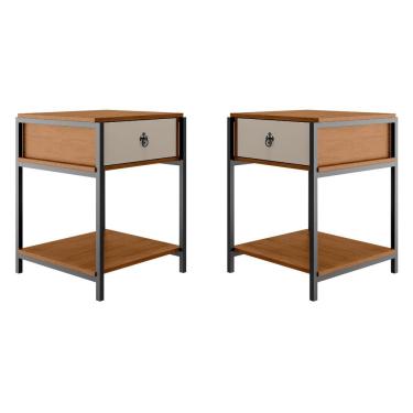 Imagem de Kit 2 Mesa De Cabeceira Mesa De Canto Quarto Casal Estilo Industrial Gaveta Prateleira Puxador Retrô