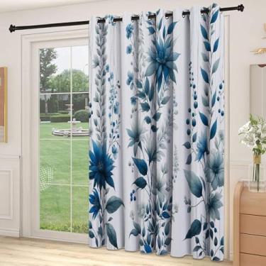 Imagem de Divisória de parede de cortina divisória de quarto azul, flores, ramos de baga e folhas como linhas verticais jardim colorido frio, cortinas largas isoladas/cortinas de quarto (painel único), L 236 x