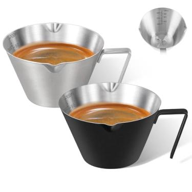 Imagem de carrottimes 2 peças de copo de café expresso de aço inoxidável, copo medidor de café expresso de metal duplo com alça, boca em forma de V de 100 ml com escala dupla (prata + preto)