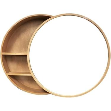 Imagem de Armário De Espelhos Banheiro Quarto Redondo Espelho Redondo Com Prateleira De Armazenamento Montado Na Parede Espelho De Maquiagem Redondo De Madeira, Brown, 50cm