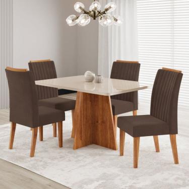 Imagem de Conjunto Sala de Jantar 120x77,8cm Tampo com Vidro e 4 Cadeiras Tannat Mel/Off White/Bombom