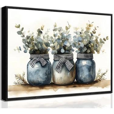 Imagem de Arte de parede em tela com moldura preta rústica minimalista potes de pedreiro laço xadrez preto e branco folhas de eucalipto casa de fazenda vintage imagens botânicas decoração de parede pôster