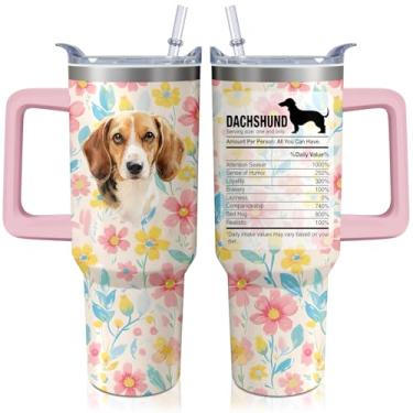 Imagem de Copo de cachorro Dachshund de 1,134 g com alça e canudo, copo bonito de aço inoxidável isolado com tampa e canudo, garrafa de água de caneca de café de viagem, presentes de aniversário do dia das mães