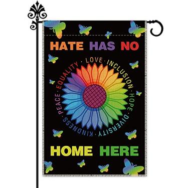 Imagem de Hafhue Hate Has No Home Here Bandeira de jardim, bandeira de decoração de gramado de jardim ao ar livre, faixa de linho de 45 x 30 cm, banner do mês do orgulho do arco-íris, presentes feministas para