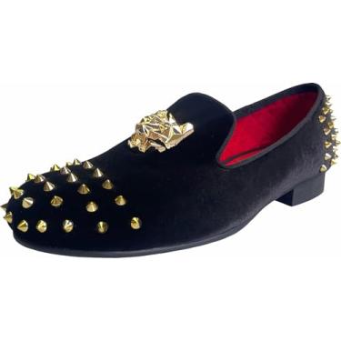 Imagem de Sapatilhas masculinas Justar Spikes pretas de veludo com fivela dourada sem cadarço, Preto, 11