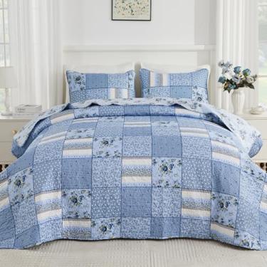 Imagem de ENJOHOS Colchas King extragrandes do Alasca 132 x 120, 3 peças de colcha king extragrande xadrez azul floral, conjunto de colcha extra larga para todas as estações, conjunto de cama reversível de