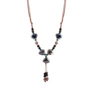 Imagem de MINACHI Colar boêmio com contas geométricas de cerâmica, cordão ajustável, joia estilo hippie feita à mão para mulheres