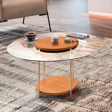 Imagem de Mesa De Centro Redonda Tampo De Vidro Sky Cinamomo - Hb Móveis