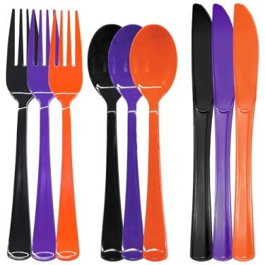 Imagem de 153 peças de talheres de plástico para Halloween, conjuntos de talheres descartáveis para serviço pesado, inclui colheres, garfos, facas para festa de Halloween (preto, laranja, roxo)