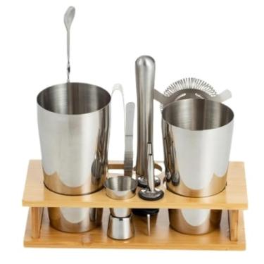 Imagem de ZZTWER Kit de bartender, conjunto de coqueteleira de aço inoxidável, 10 peças, máquina de coquetel com suporte de madeira, conjunto de suprimentos de bartender, conjunto de coqueteleira para bar de