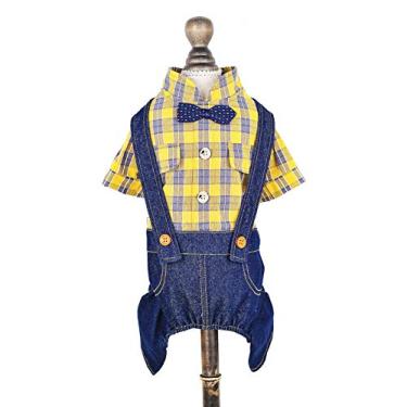 Imagem de SMALLLEE_LUCKY_STORE Roupas para animais de estimação, fantasia de cachorro, macacão jeans para cães pequenos, médios, gatos, meninos, gravata borboleta, camisa xadrez, calça jeans, roupas chihuahua,