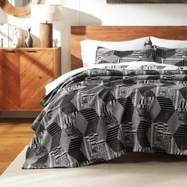 Imagem de SLEEP ZONE Conjunto de edredom California King Size de jacquard ultramacio e leve, conjunto de 3 colchas geométricas para todas as estações, 299 x 269 cm, preto