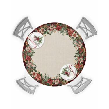 Imagem de Toalha de mesa redonda com bordas elásticas, flor de Natal em búfalo, toalha de mesa à prova d'água para mesas de 91 a 112 cm, vermelho preto, xadrez, limpável, interior e externo, para cozinha e