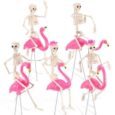 Imagem de Geelin Conjunto de 15 peças de decoração de flamingo esqueleto de Halloween crânio de 40,6 cm com chapéu de cowboy rosa flamingo rosa corpo inteiro possível decoração de esqueleto de plástico para