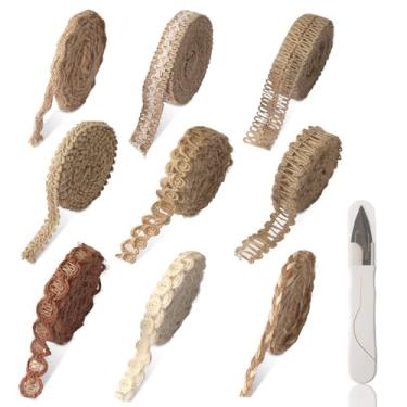Imagem de 9 rolos de fita de serapilheira com renda, conjunto de fitas vintage de juta com tesoura, corda de juta rústica natural para artesanato DIY, embrulho de presente, decoração de casamento e festa