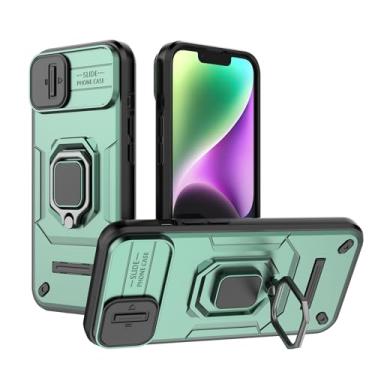 Imagem de SORAKA Capa para iPhone 14 com suporte de anel e capa de câmera deslizante para iPhone 14 com placa de metal para suporte magnético de carro, capa protetora de camada dupla em policarbonato rígido e
