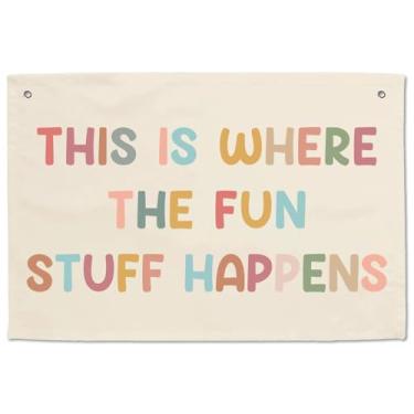 Imagem de Banners pendurados para quarto de meninas, decoração de sala de jogos, boho, faixa de sala de aula, crianças, crianças, placa de berçário This Is Where The Fun Stuff Happens Play Room Signs Tapeçaria