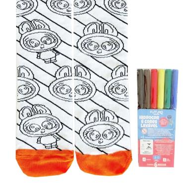 Imagem de Par de Meias Divertidas Colorir Pintar Duck Goods + 6 Cores Canetinha Lavável: Pintou Lavou Pintou de Novo