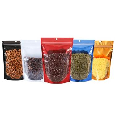 Imagem de Pacote com 100 sacos Mylar à prova de cheiro, bolsas de alumínio resseláveis com janela transparente e orifício para pendurar, sacos seláveis reutilizáveis com zíper para armazenamento de alimentos