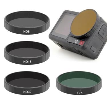 Imagem de GEPULY Pacote com 4 filtros ND CPL para DJI OSMO Action 3/4/5 Pro - Push in ND8 ND16 ND32 Filtro polarizado de densidade neutra, multi-revestido/armação de metal/acessórios de câmera de ação de vidro