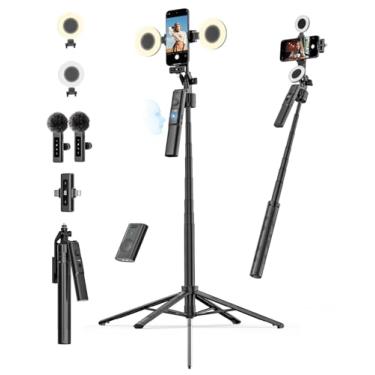 Imagem de USKEYVISION Kit de vlogging para iPhone, kit inicial do YouTube para criadores de conteúdo com microfone de lapela sem fio, tripé de telefone com rastreamento automático de rosto rotação 360 com luzes