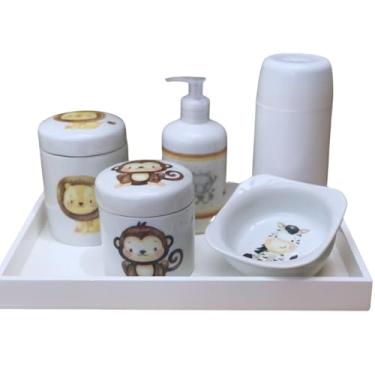 Imagem de Kit higiene bebê Safari 6 peças - Bandeja, potes, porta álcool e molhadeira - Peças Porcelana Bandeja Pinus